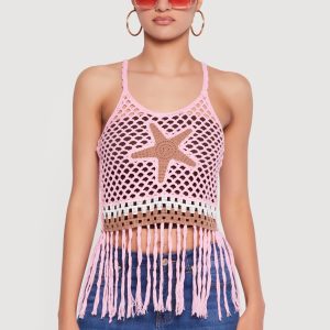 Starfish Graphic Fringe Hem Crochet Crop Top - Image 2
