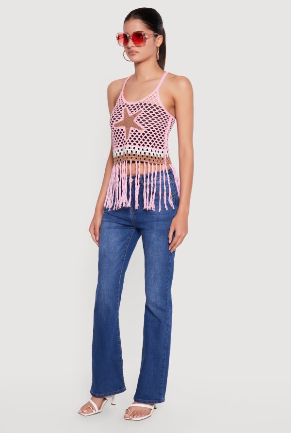 Starfish Graphic Fringe Hem Crochet Crop Top