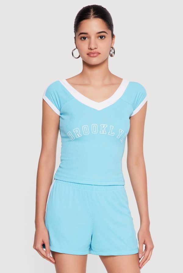 Contrast Trim Brooklyn Graphic V Neck Tee