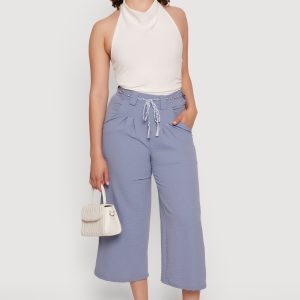 Crepe Knit Pleated High Waisted Capris Pants
