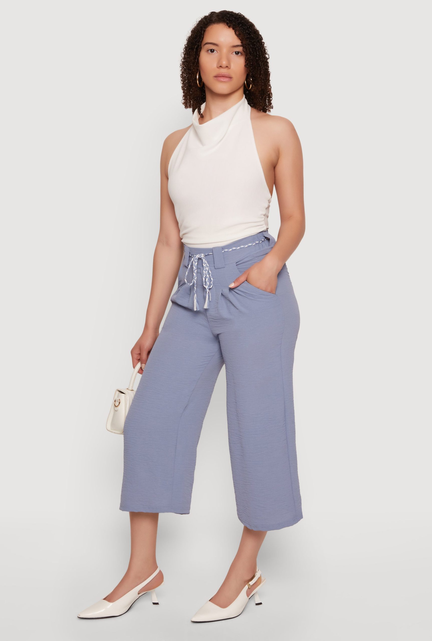 Crepe Knit Pleated High Waisted Capris Pants - Image 2