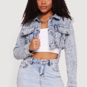 Stone Wash Cargo Pocket Cropped Denim Jacket - Image 2