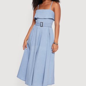 Chambray Sleeveless Maxi Dress with Buckle Belt - Image 2