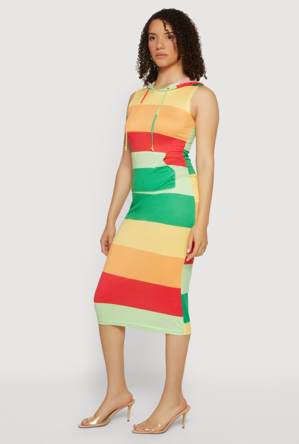 Striped Sleeveless Hooded Midi Dress