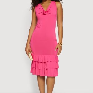 Cowl Halter Neck Tiered Ruffle Hem Midi Dress