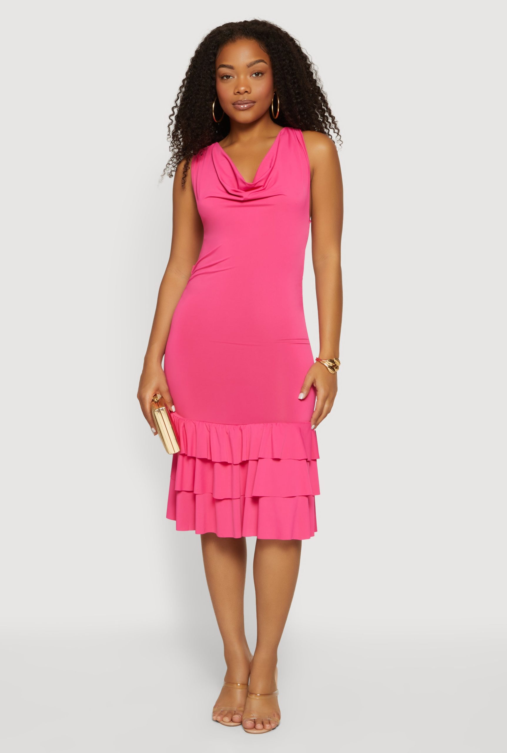 Cowl Halter Neck Tiered Ruffle Hem Midi Dress - Image 1