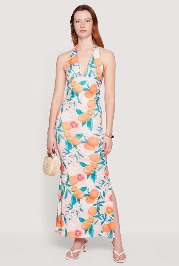 Floral Tangerine Print Tie Back Halter Neck Mermaid Dress