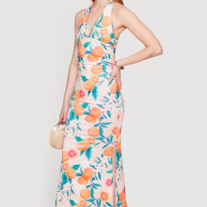 Floral Tangerine Print Tie Back Halter Neck Mermaid Dress - Image 2