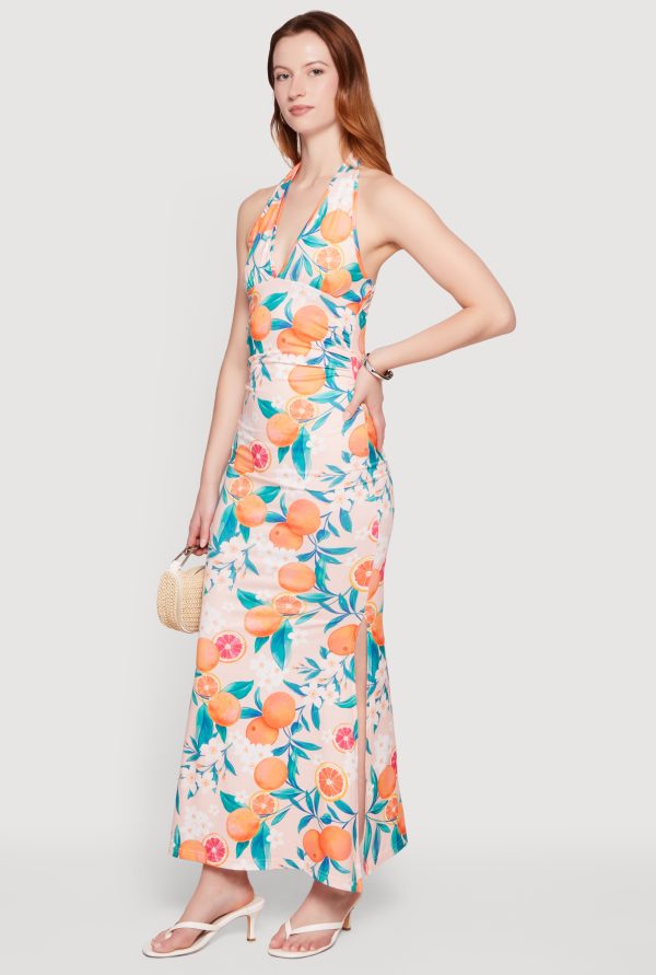Floral Tangerine Print Tie Back Halter Neck Mermaid Dress