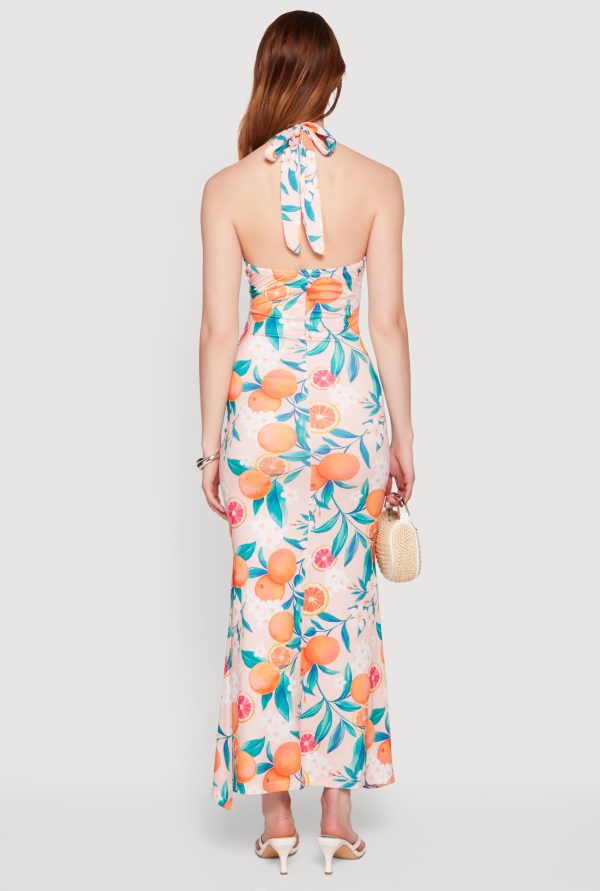 Floral Tangerine Print Tie Back Halter Neck Mermaid Dress