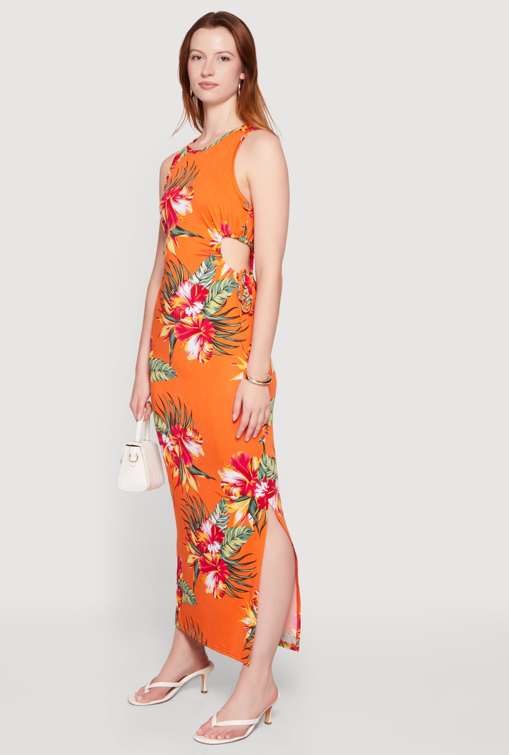 Floral Drawstring Side Detail Side Slit Maxi Dress - Image 2