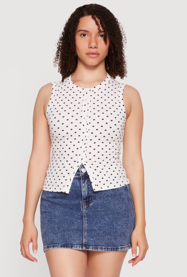 Sleeveless Polka Dot Button Front High Neck Top