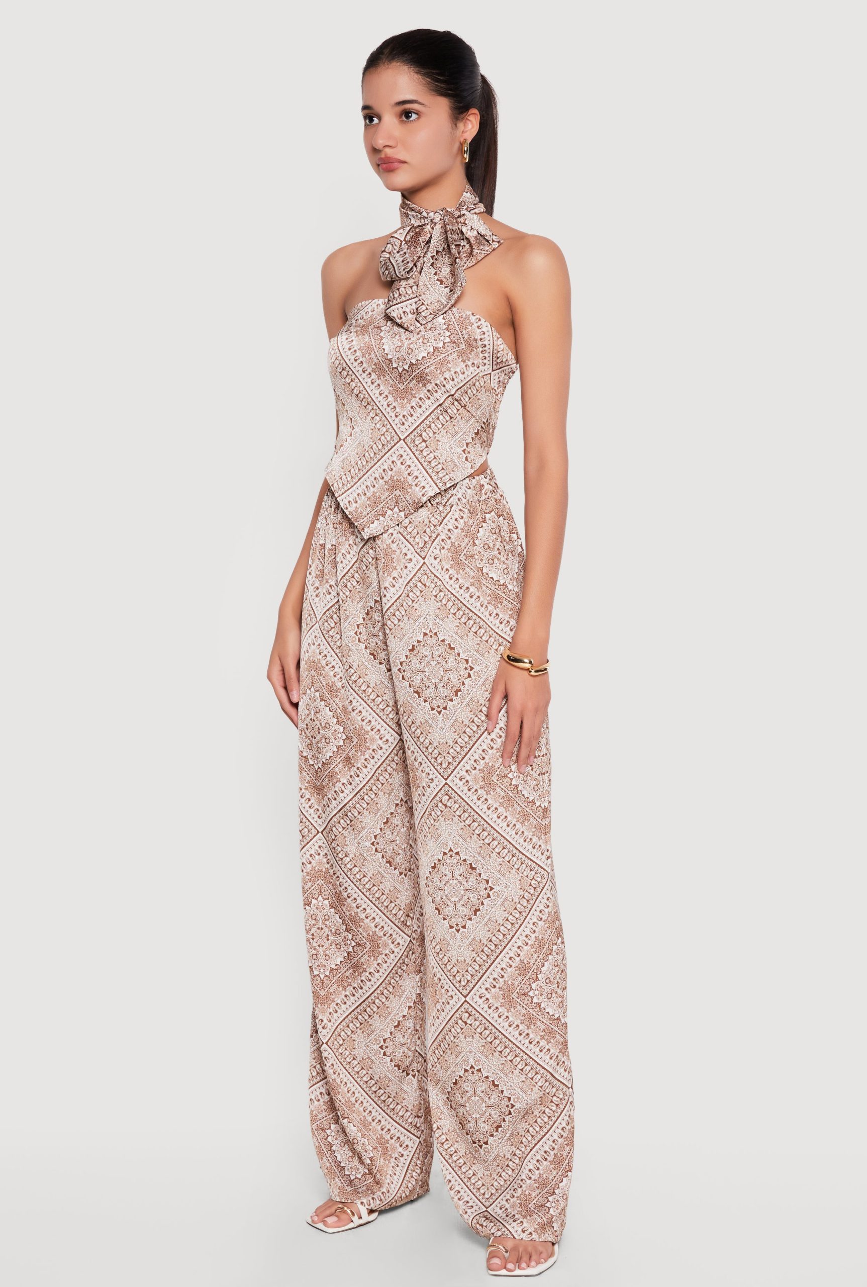 Satin Bandana Print Tube Top with Scarf - Image 3