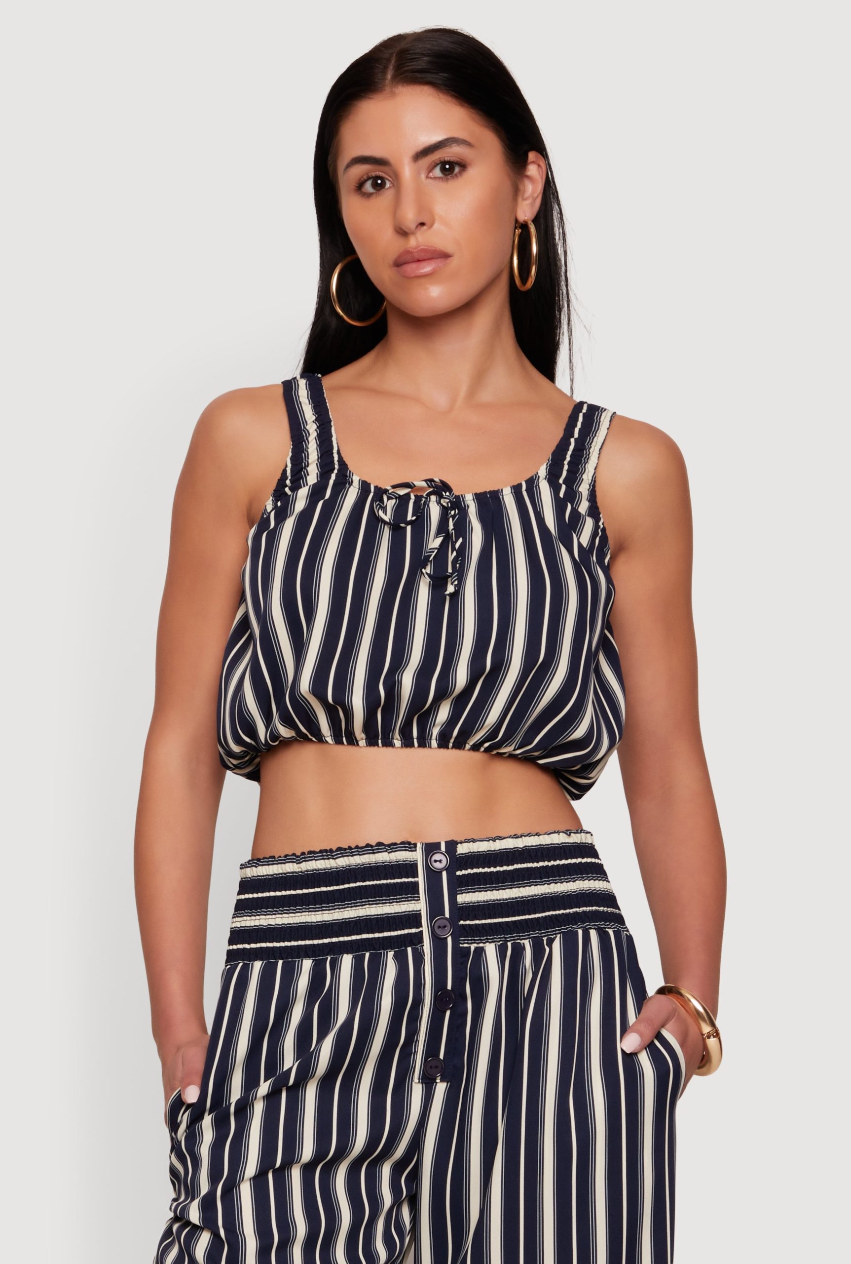 Sleeveless Striped Crop Top with Tie Front Detail - Image 1
