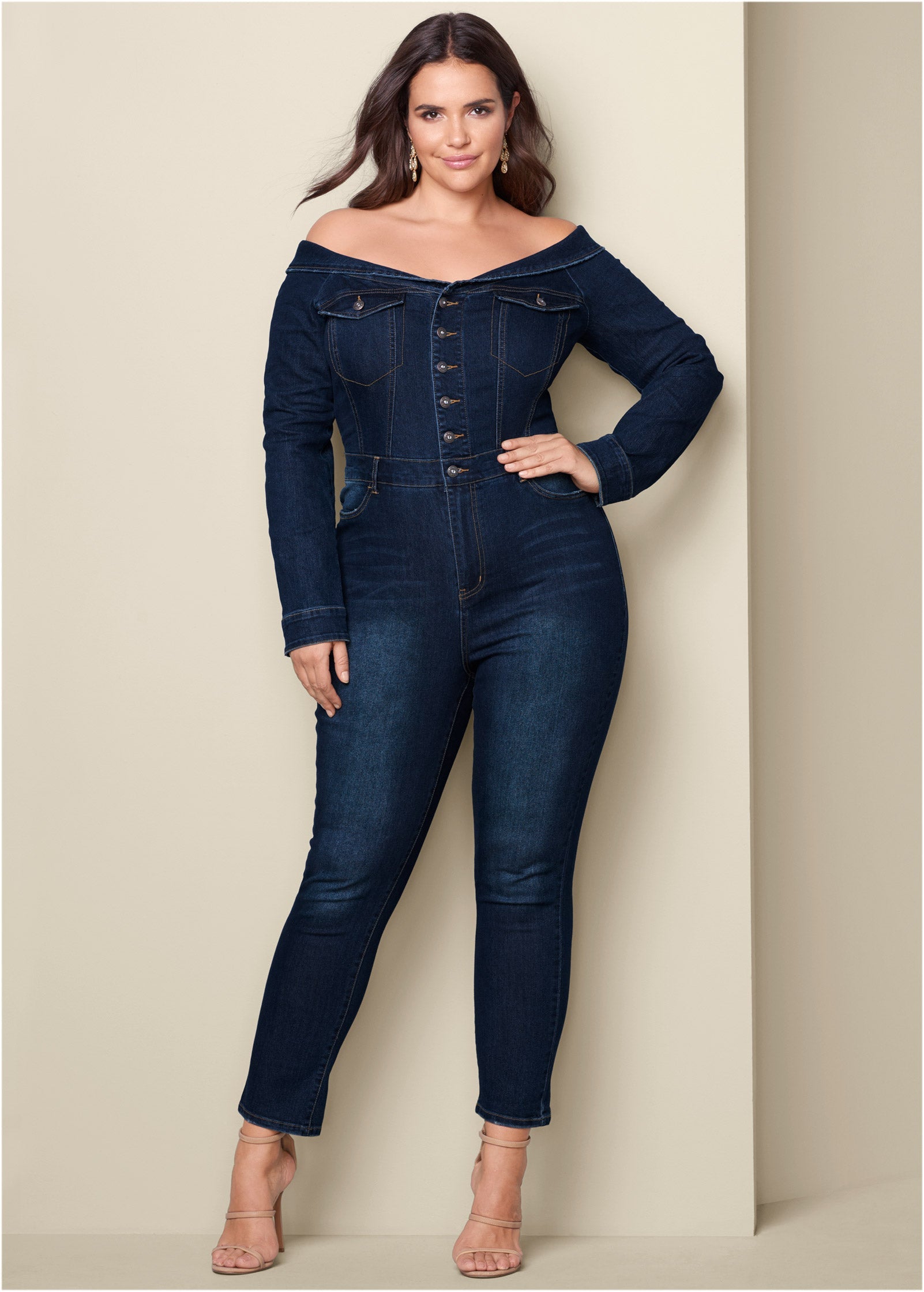 Off-The-Shoulder Denim Jumpsuit - Dark Wash - Image 10