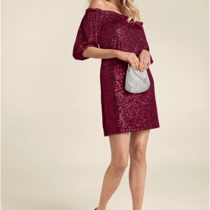 Sequin Off-The-Shoulder Dress - Red - Image 1