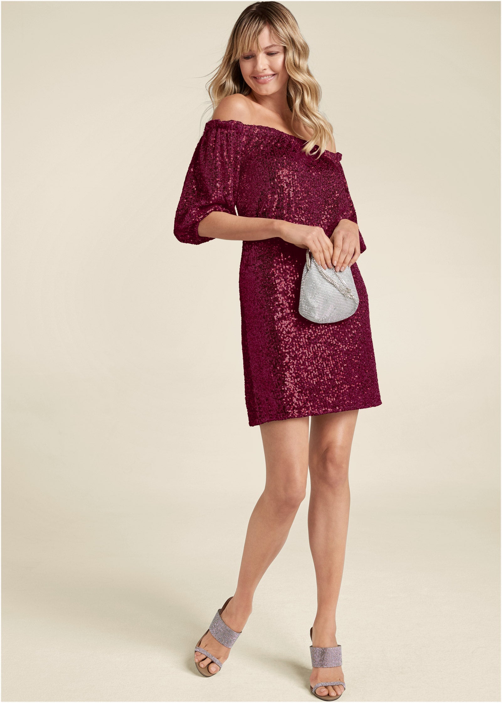 Sequin Off-The-Shoulder Dress - Red - Image 1