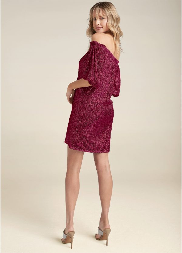 Sequin Off-The-Shoulder Dress - Red