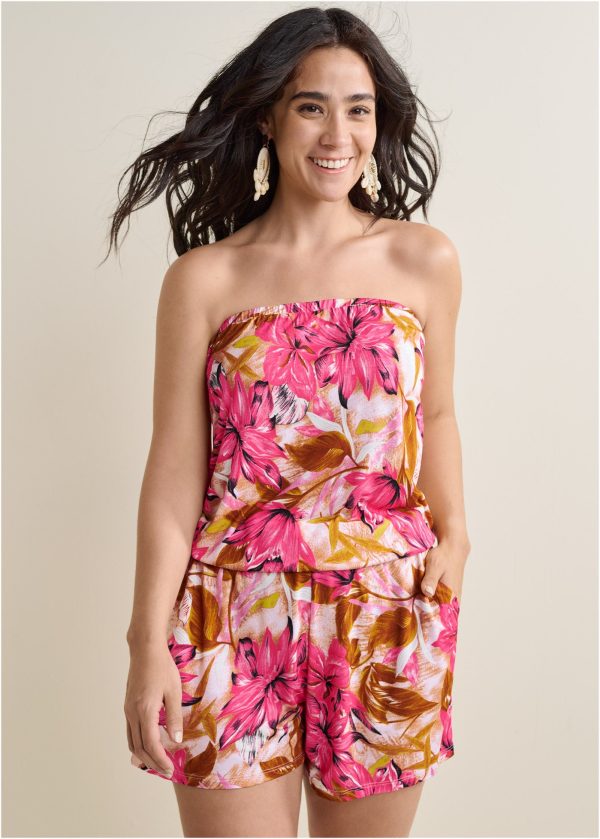 Strapless Casual Romper - Pink Multi