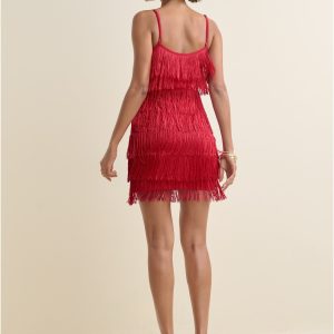 Tiered Fringe Mini Dress - Red - Image 2