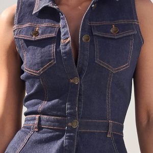 Button-Front Denim Dress - Indigo Blue - Image 3