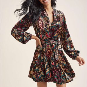 Burnout Velvet Mini Dress - Black Multi - Image 1