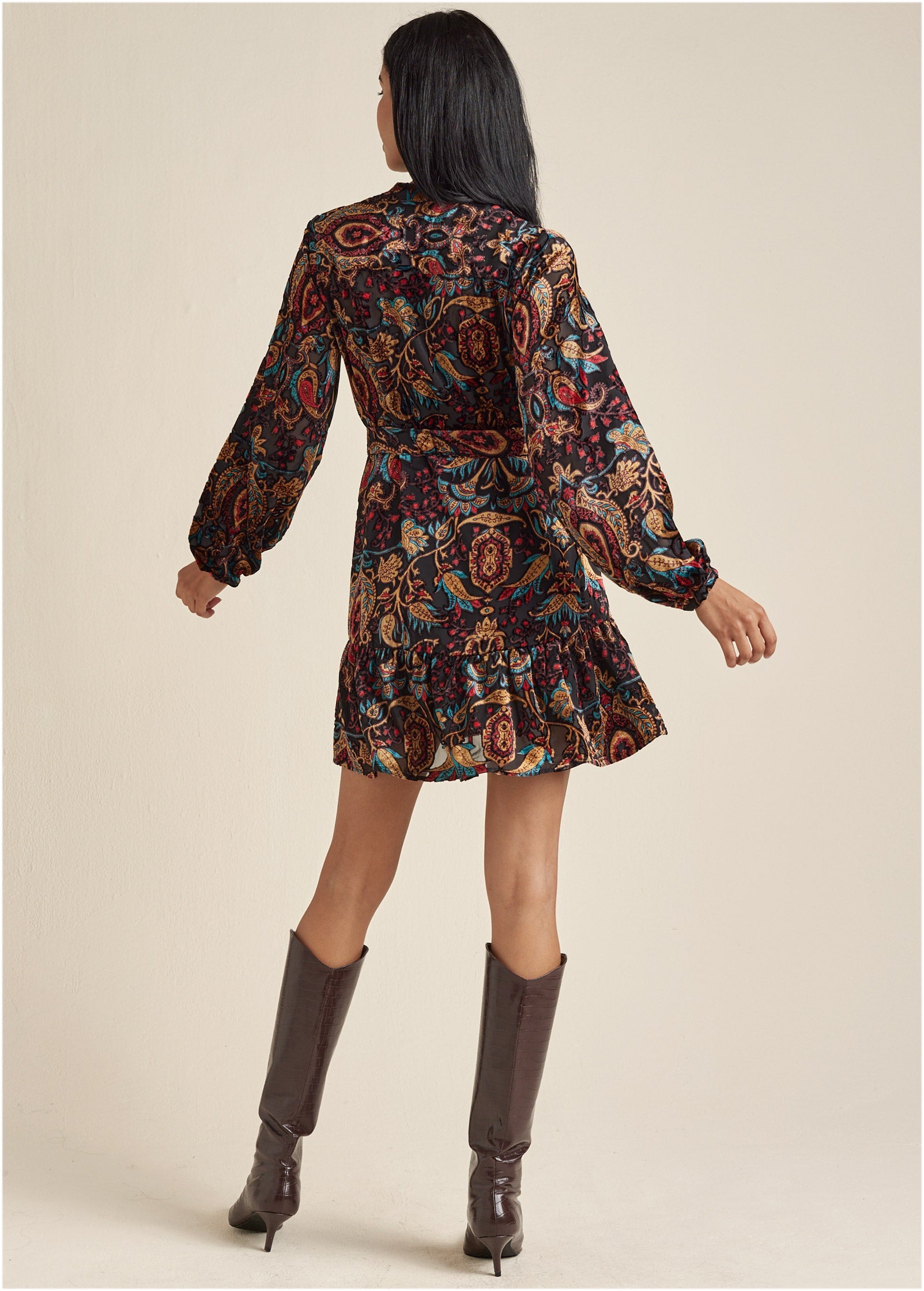Burnout Velvet Mini Dress - Black Multi - Image 3
