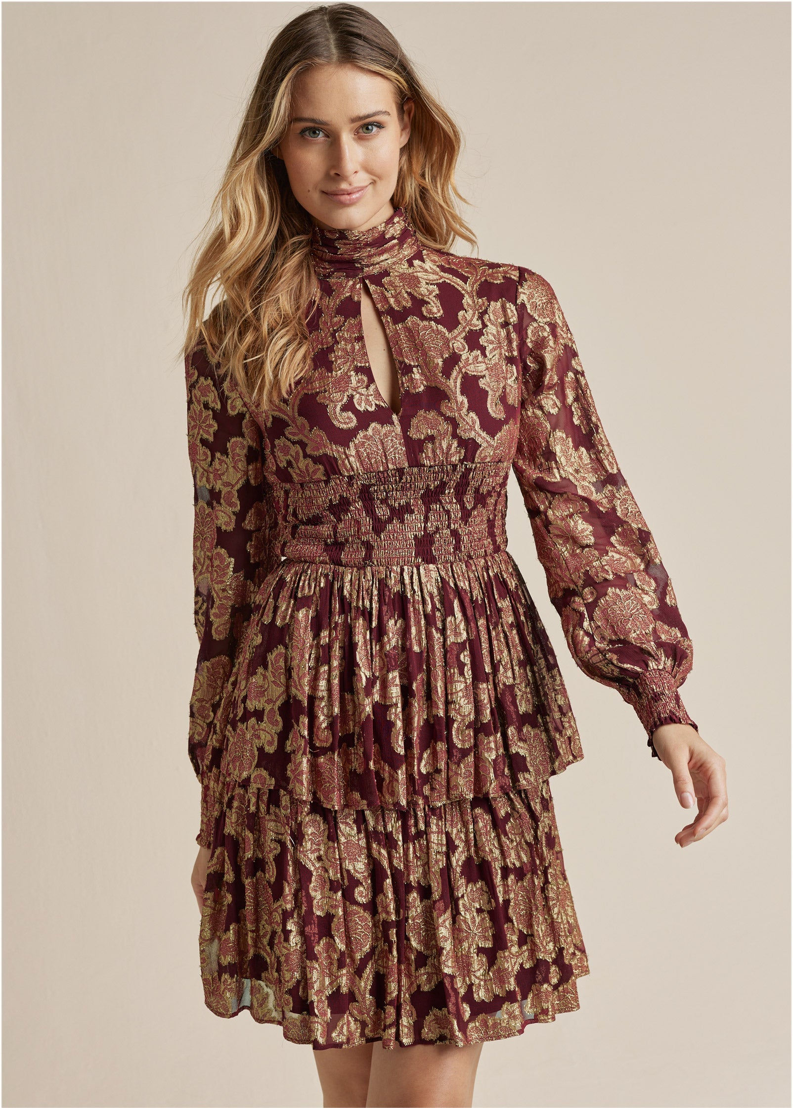 Smocked Waist Jaquard Mini Dress - Wine & Gold - Image 2