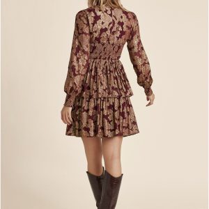 Smocked Waist Jaquard Mini Dress - Wine & Gold - Image 3