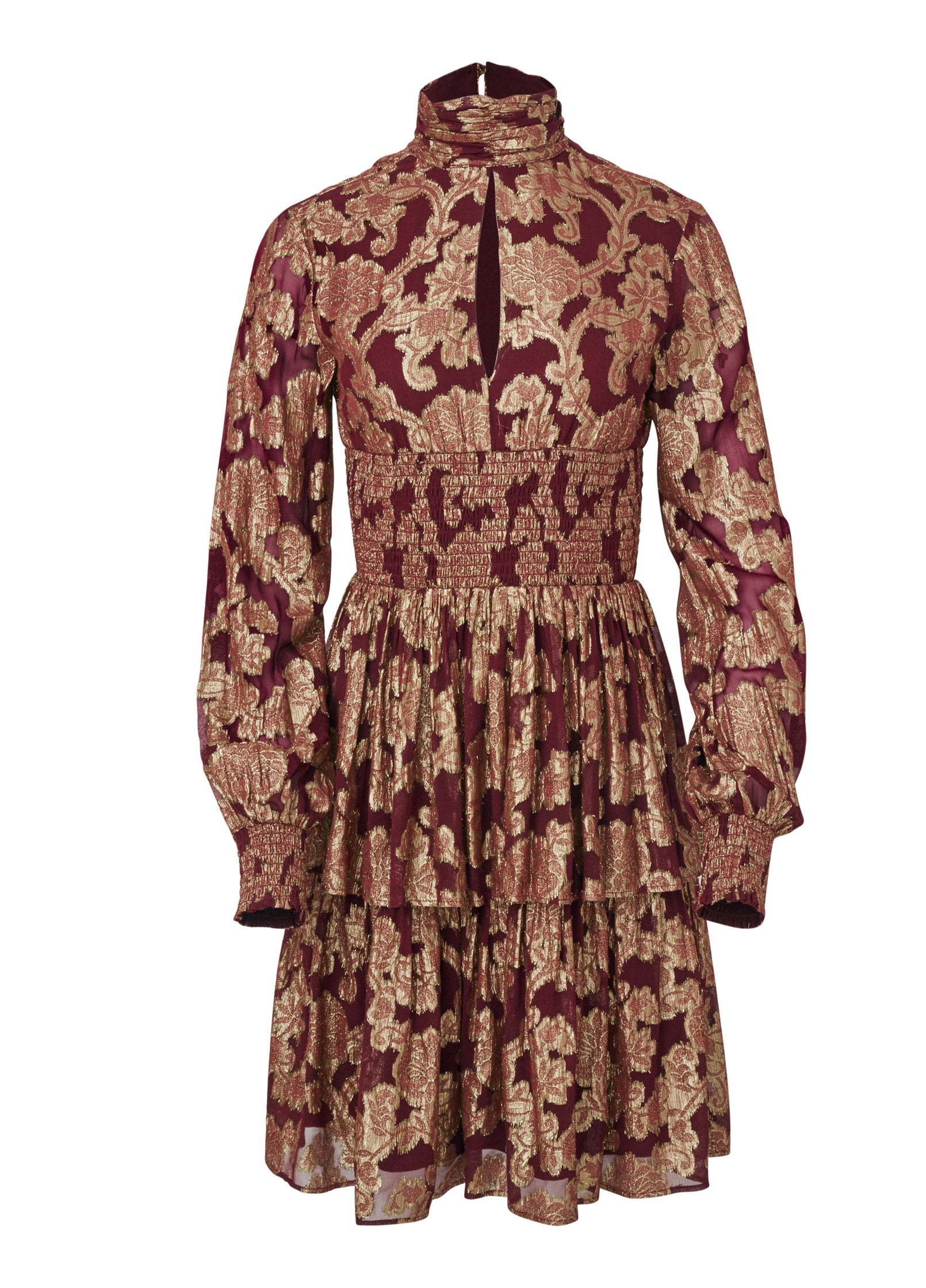 Smocked Waist Jaquard Mini Dress - Wine & Gold - Image 6