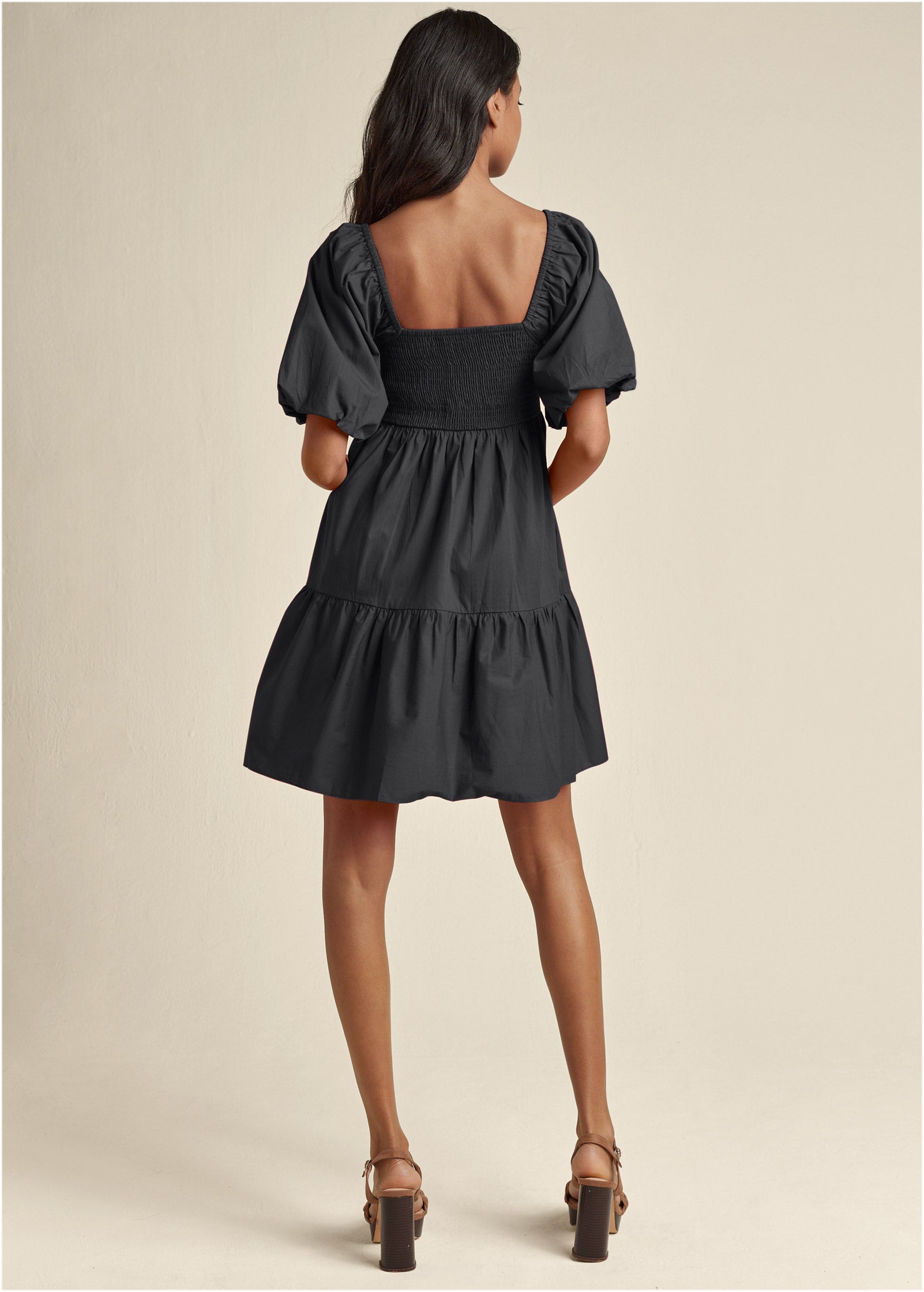 Puff Sleeve Mini Dress - Jet Black - Image 3