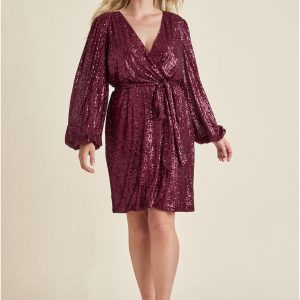 Belted Sequin Wrap Dress - Wine - Image 8