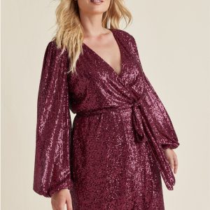 Belted Sequin Wrap Dress - Wine - Image 6