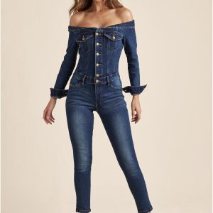 Off-The-Shoulder Denim Jumpsuit - Dark Wash - Image 1