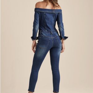 Off-The-Shoulder Denim Jumpsuit - Dark Wash - Image 2