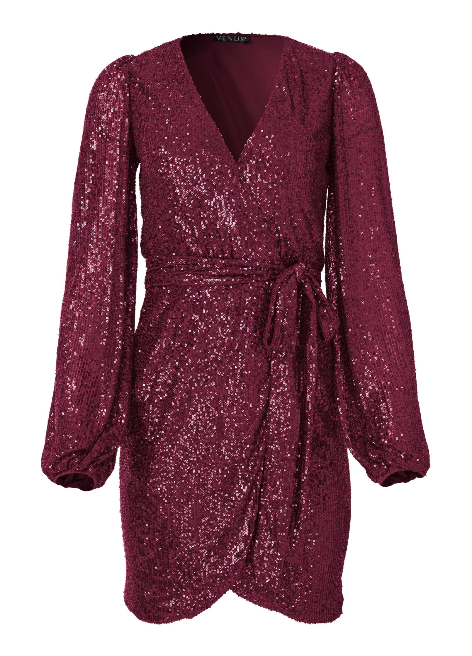 Belted Sequin Wrap Dress - Wine - Image 5