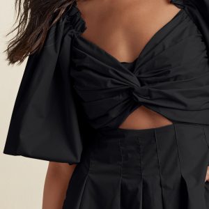 Puff Sleeve Taffeta Dress - Jet Black - Image 3