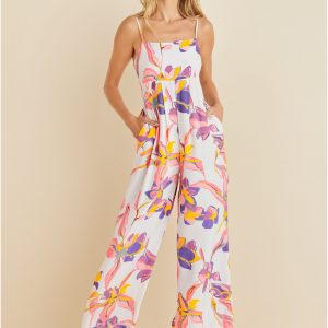 Square Neck Printed Jumpsuit  - White Multi