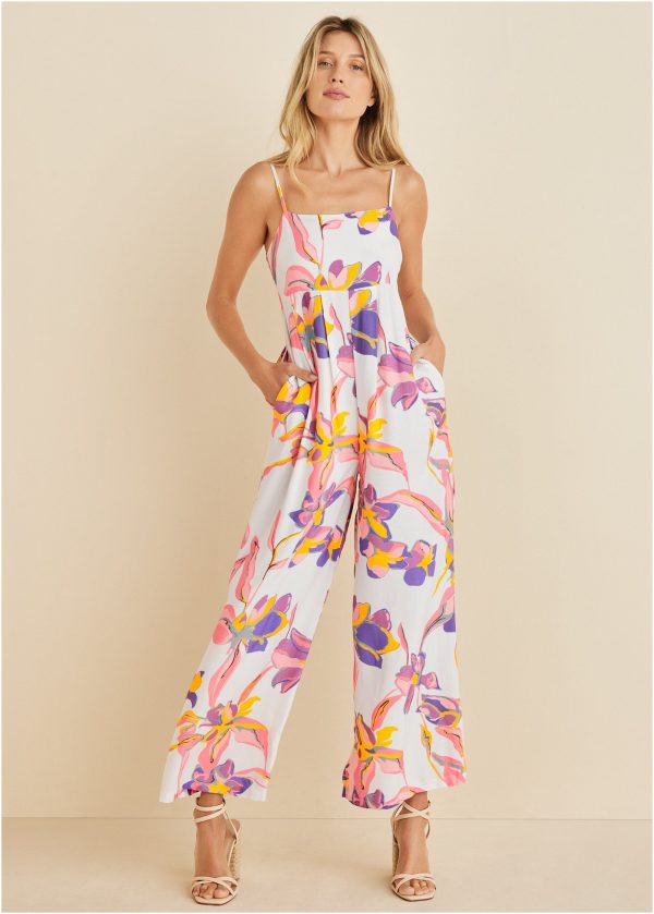 Square Neck Printed Jumpsuit  - White Multi