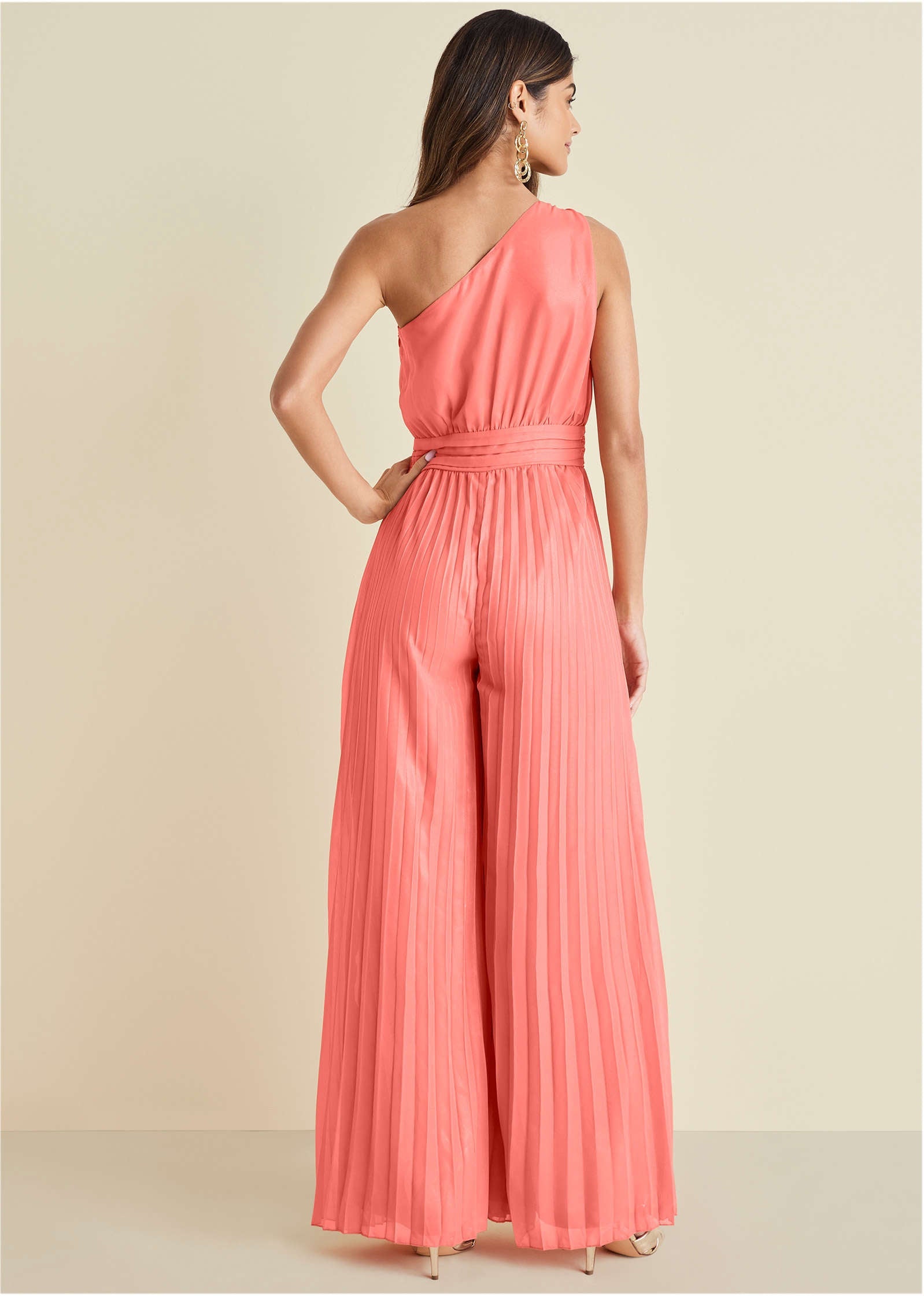Gold Foil Pleated Jumpsuit - Coral - Image 2
