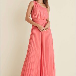 Gold Foil Pleated Jumpsuit - Coral