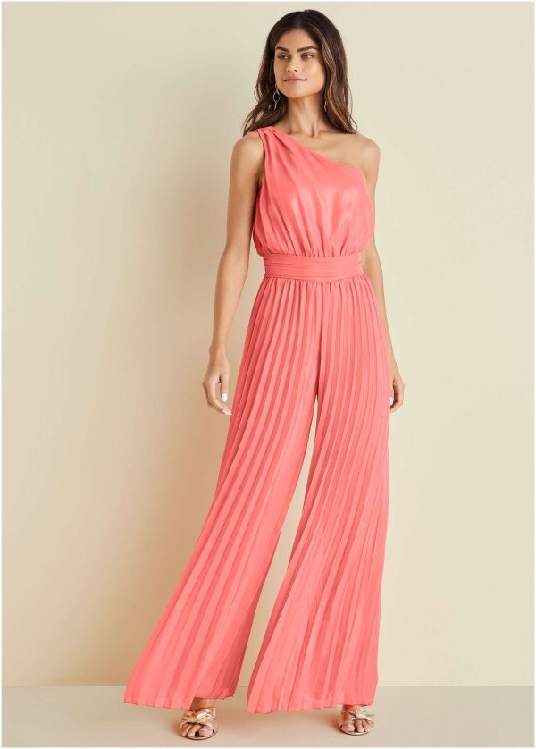 Gold Foil Pleated Jumpsuit - Coral