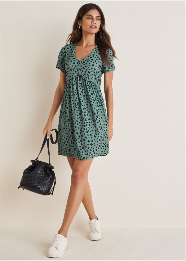 Printed V-Neck Dress - Green & Black