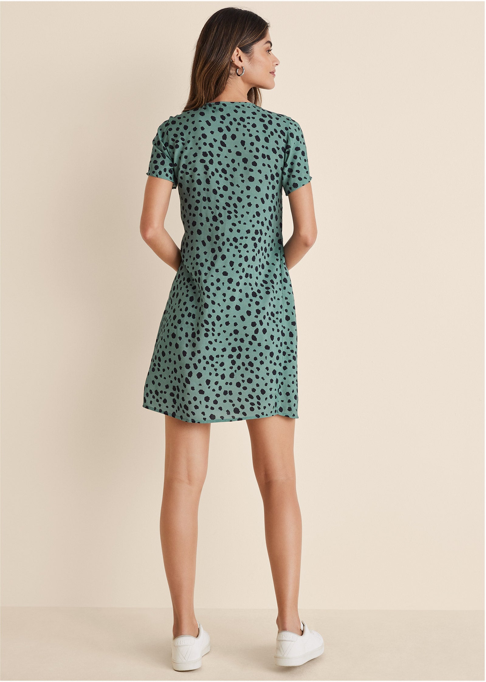 Printed V-Neck Dress - Green & Black - Image 3