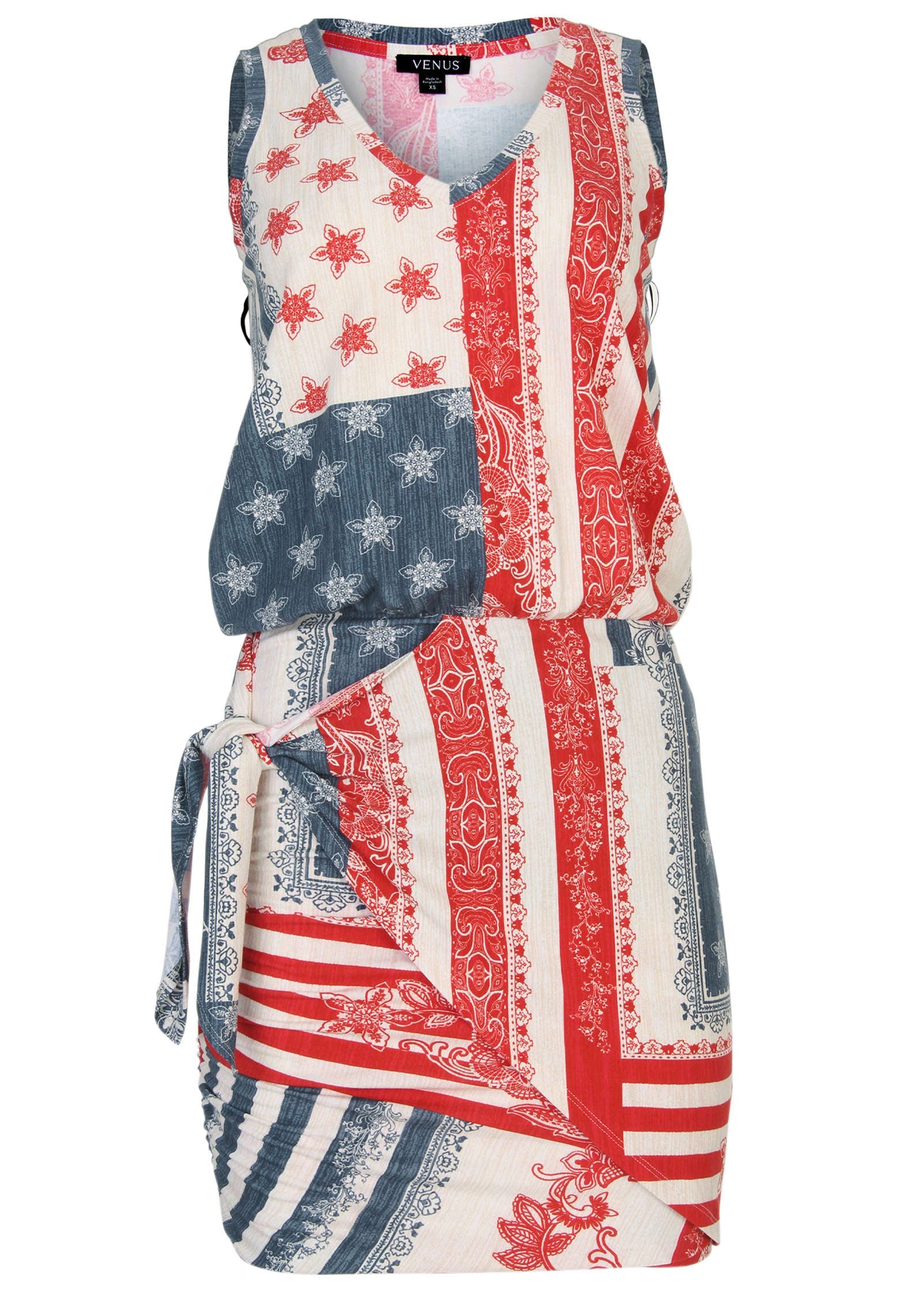V-Neck Side Wrap Mini Dress - Americana Patchwork Stripe - Image 4
