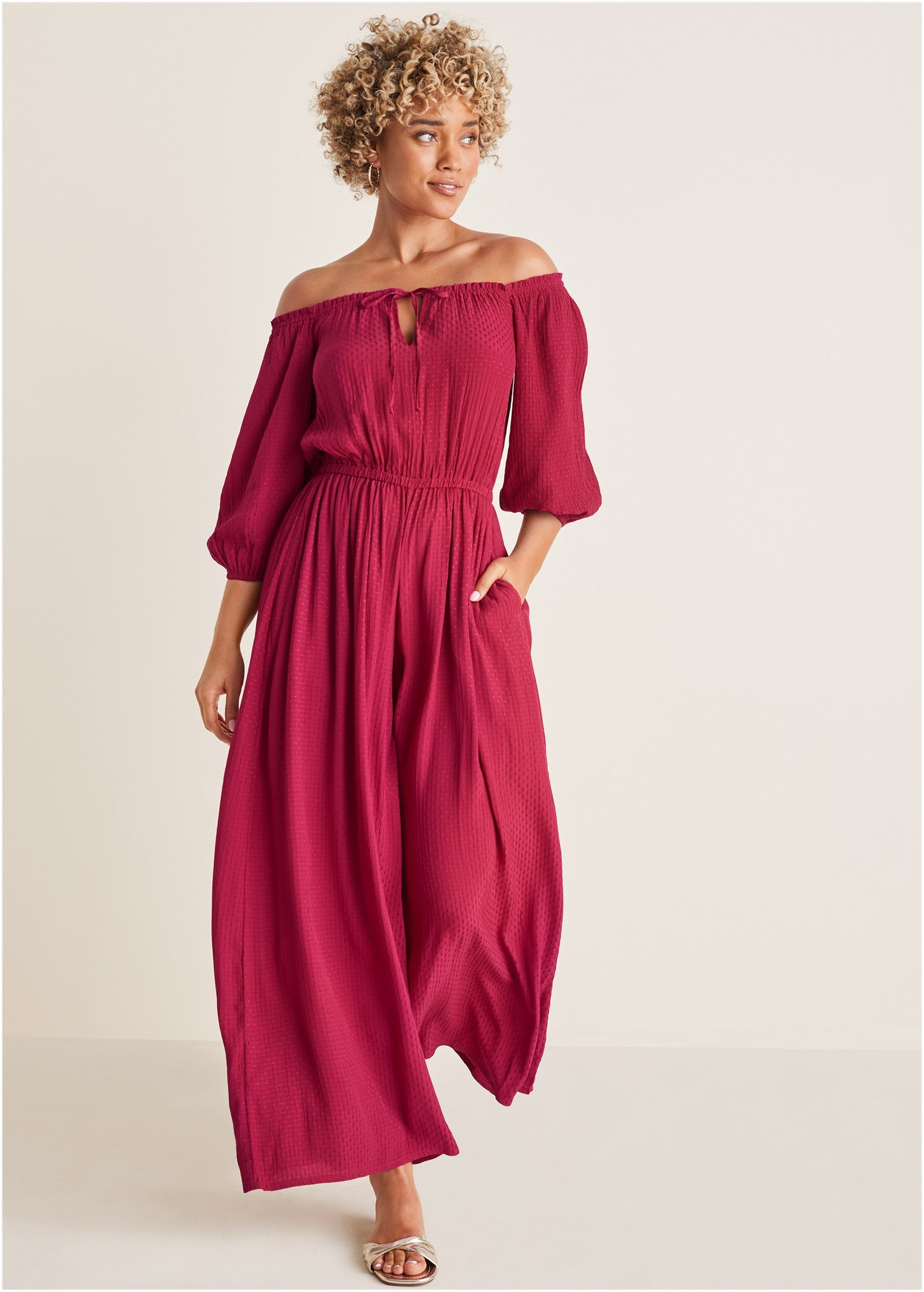 Off-The-Shoulder Jumpsuit - Persian Red - Image 6